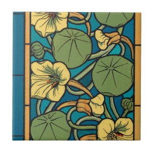 Blauw gele Nasturtium Flower Nouveau Pattern Tegeltje
