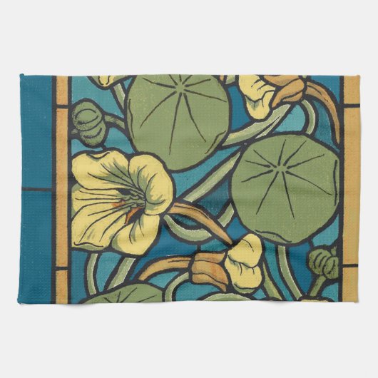 Blauw gele Nasturtium Flower Nouveau Pattern Theedoek (Horizontaal)