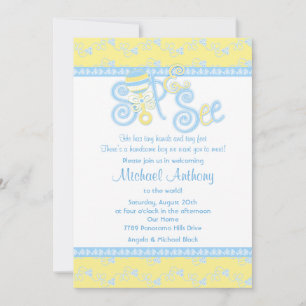 Blauw gele Rattle Lace Sip N Zie Baby shower Kaart