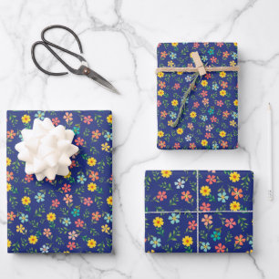 Blauw-gele roze katoenkern Boho bloemen Inpakpapier Vel