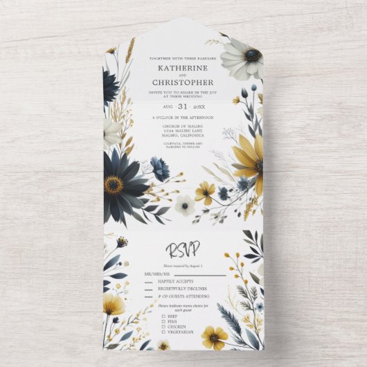 Blauw Gele Wildbloemen Elegante Bloemen Bruiloft All In One Uitnodiging (Binnen)