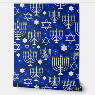 Blauw Gelukkig Chanoeka Ster van David Menorah Mod Behang