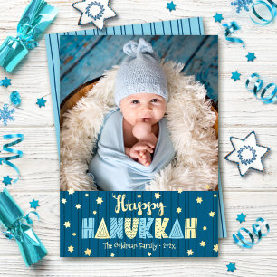 Blauw Gelukkig Hanukkah Foto Cute Modern Echt Goud Folie Feestdagenkaart