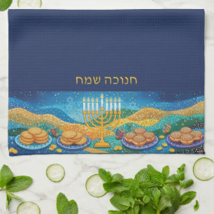 Blauw Gelukkig Hanukkah Menorah Eten Latkes & Donu Theedoek
