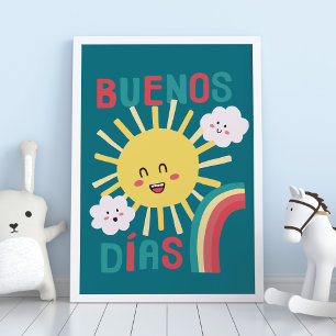 Blauw gelukkige zon kinderkamer kunst in het Spaan Poster