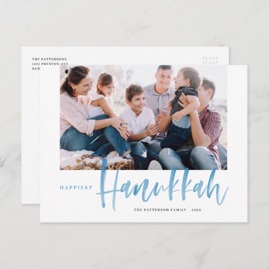 Blauw gelukkigste hanukkah-penseel kalligrafie Fot Feestdagenkaart (Voorkant / Achterkant)