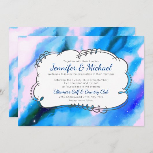 Blauw gemarmerde buitenruimte Abstracte bruiloft u Kaart (Voorkant / Achterkant)
