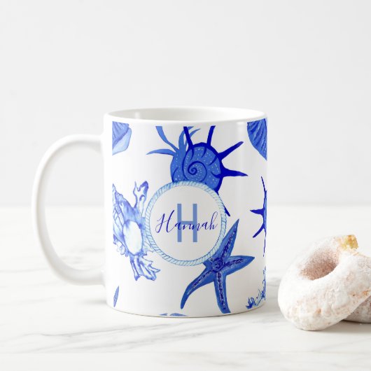 Blauw, gemengd patroon-aangepaste monogram-naam koffiemok (Met donut)