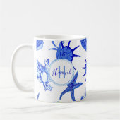 Blauw, gemengd patroon-aangepaste monogram-naam koffiemok (Links)