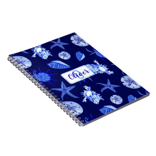 Blauw, gemengd patroon-aangepaste monogram-naam notitieboek (Rechterzijde)