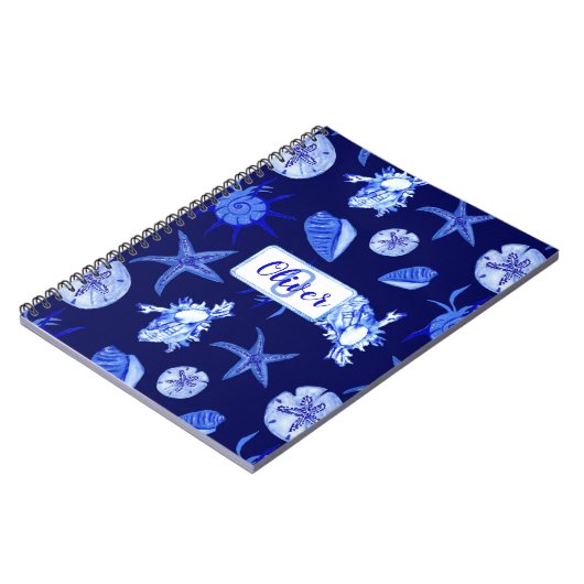 Blauw, gemengd patroon-aangepaste monogram-naam notitieboek (Linkerzijde)