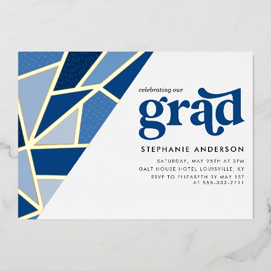 Blauw Geometrisch Goud Modern Graduation Party Folie Uitnodiging (Voorkant)