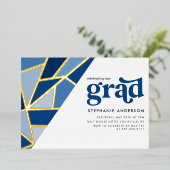 Blauw Geometrisch Goud Modern Graduation Party Folie Uitnodiging (Staand Voorkant)
