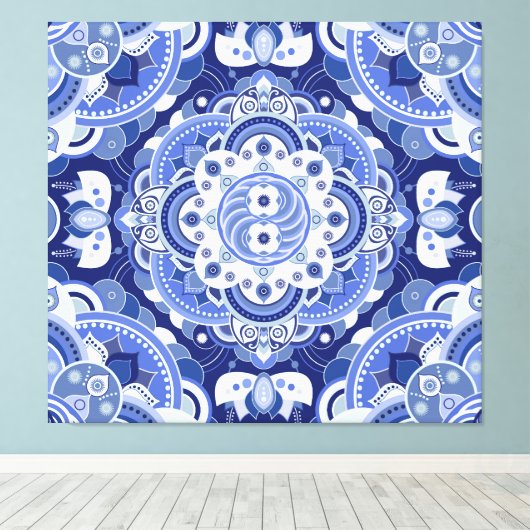  blauw geometrisch, Indiaas ornament. Canvas Afdruk (Insitu (Houten vloer))