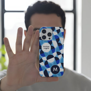 Blauw Geometrisch Mozaïek Bauhaus Monogram Aangepa iPhone 15 Pro Max Hoesje