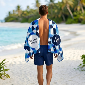 Blauw Geometrisch Mozaïek Bauhaus Monogram Aangepa Strandlaken