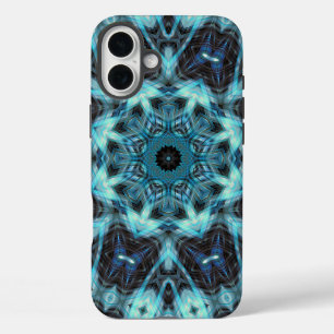 Blauw geometrisch patroon met stralende gloed iPhone 16 plus hoesje