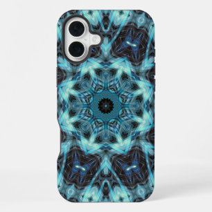 Blauw geometrisch patroon met stralende gloed iPhone 16 plus hoesje