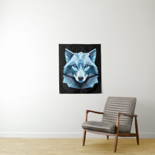 Blauw Geometrisch Wolfhoofd Wandkleed