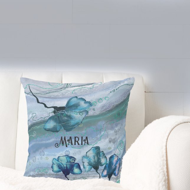 Blauw Gepersonaliseerd Marmeren Bloemen Kussen (Blue Personalized Marble Flower Pillow)
