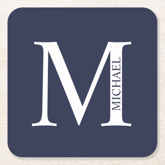 Blauw gepersonaliseerd monogram en naam vierkante kartonnen onderzetter (Voorkant)