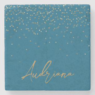 Blauw Gepersonaliseerde Gouden Naam Glitter Sparkl Stenen Onderzetter