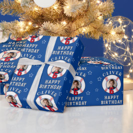 Blauw Gepersonaliseerde Honkbal Verjaardagsfoto Cadeaupapier