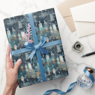 Blauw Geplaagd Middernacht Kerkhof Aquarel Cadeaupapier