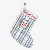 Blauw geplakt groenblijvende krans monogram kleine kerstsok (Voorkant (Hangend))