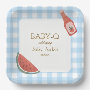 Blauw geruit baby-Q vierkant bord