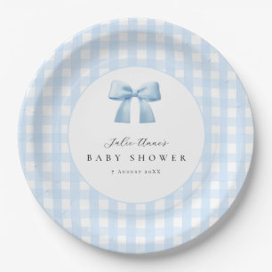 Blauw geruit babyfeest papieren borden met strik bordje