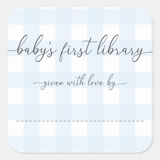 Blauw geruit baby's eerste bibliotheekexlibris vierkante sticker (Voorkant)