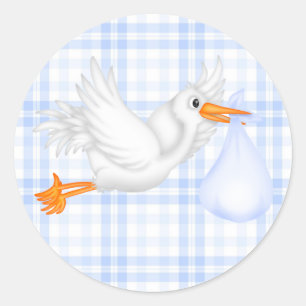 Blauw geruit blauwe ooievaar baby shower sticker