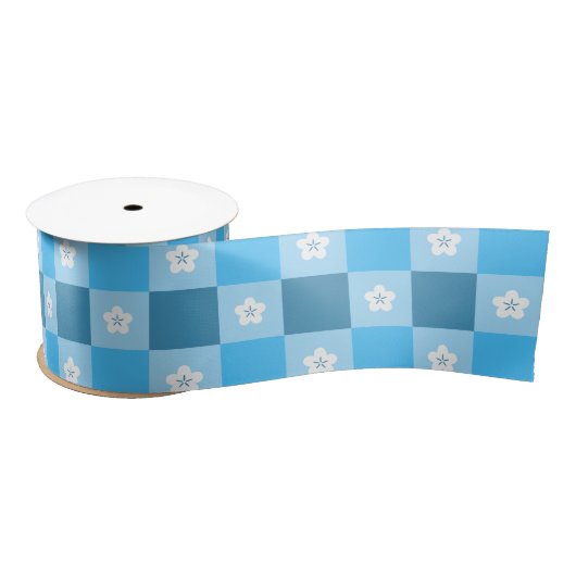 Blauw geruit bloemmotief lint (Spoel)