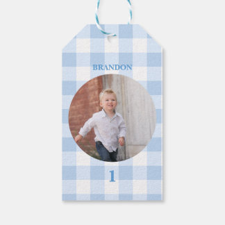 Blauw geruit en knuffelachtige ganzen Speelse verj Cadeaulabel