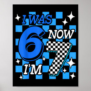 Blauw geruit Ik was 6 Nu ben ik 7 Verjaardag Jonge Poster