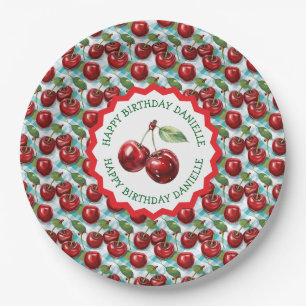 Blauw geruit kersenpatroon gepersonaliseerde geboo papieren bordje
