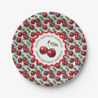 Blauw geruit kersenpatroon gepersonaliseerde geboo papieren bordje