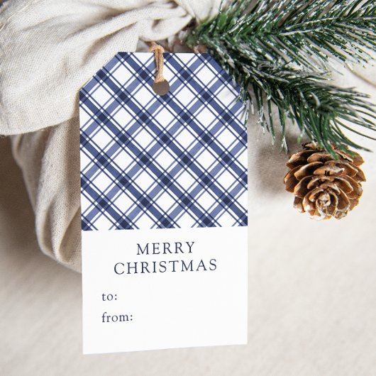 Blauw geruit Kerstmis Cadeaulabel