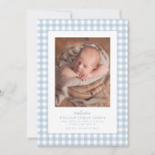 Blauw geruit klassiek eenvoudige twee foto geboort aankondiging (Voorkant)