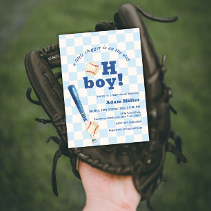 Blauw geruit kleine Slugger honkbal baby shower Kaart