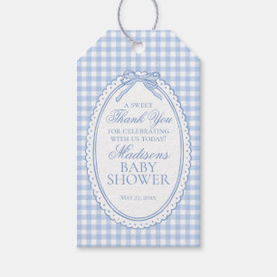 Blauw geruit koket strik babyshower favorietjes cadeaulabel