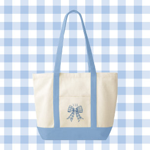 Blauw geruit lint met monogram contrasterende afwe tote bag