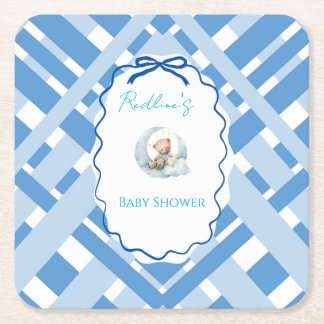 Blauw geruit lint voor beer voor babyshower voor j vierkante kartonnen onderzetter