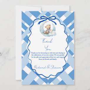 Blauw geruit lint voor jongens baby shower beer bedankkaart