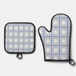 Blauw geruit madeliefjes patroon ovenwant & pannenlap set