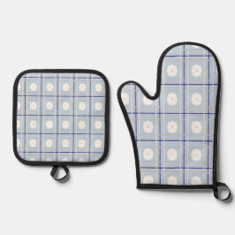 Blauw geruit madeliefjes patroon ovenwant & pannenlap set