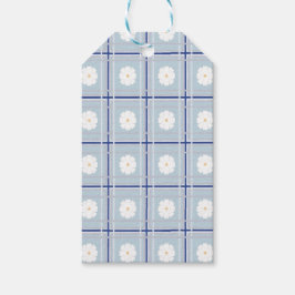 Blauw geruit madeliefjespatroon cadeaulabel