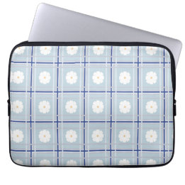 Blauw geruit madeliefjespatroon laptop sleeve