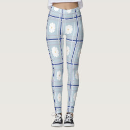 Blauw geruit madeliefjespatroon leggings